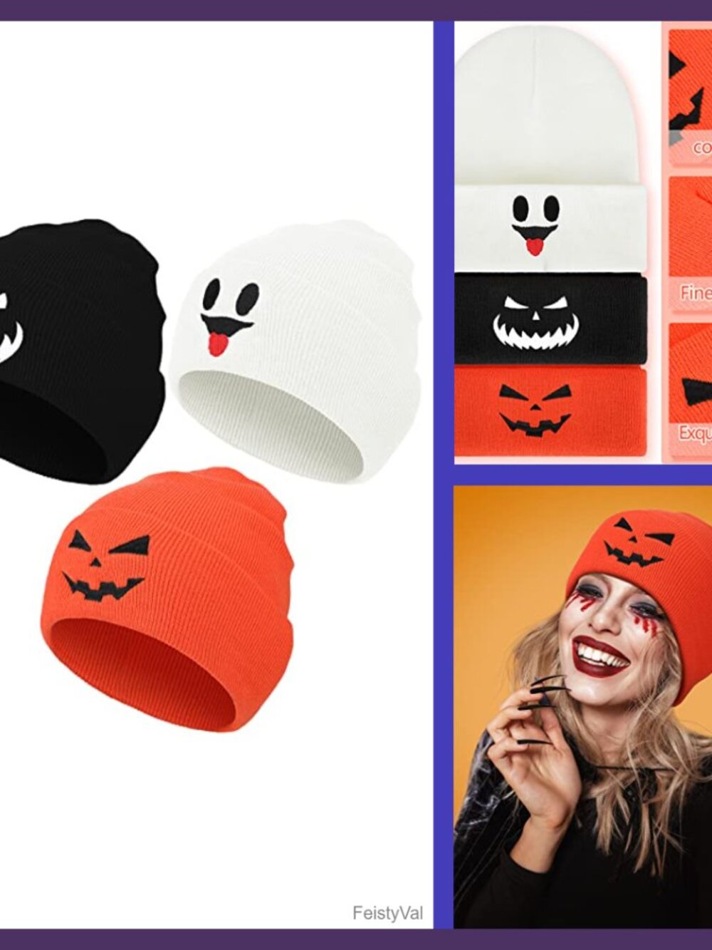 Halloween Beanie Hat Slouchy Knit Cap Ghost Pumpkin Skull No Brim Set